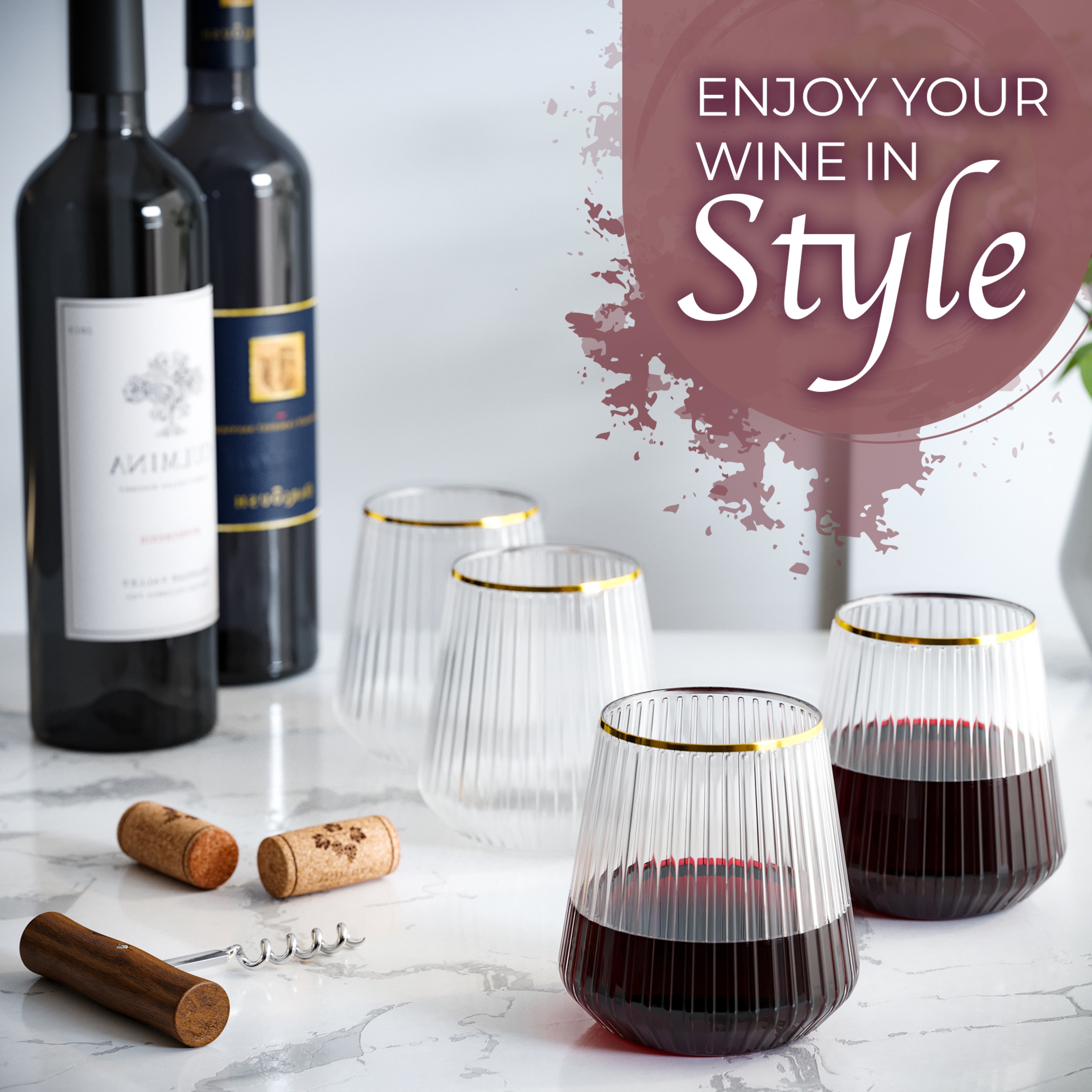 12 Oz. Stemless Ridged Wine Tumbler 24 Count | Clear/Gold