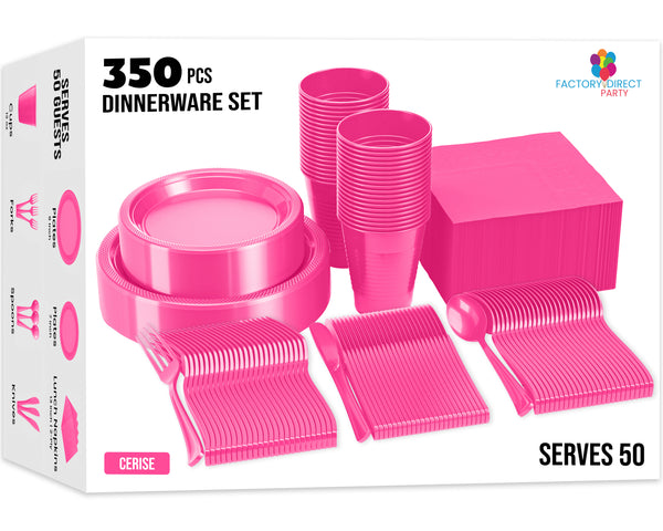 Bulk 350 Pcs Hot Pink Plastic Tableware Set