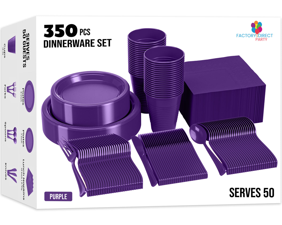 350 Pcs Purple Plastic Disposable Tableware Set