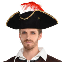 Buccaneer Tricorn Pirate Hat with Red Feather