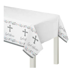 God Bless Holy Day Plastic Table Cover - 54" x 102" Reusable Decoration