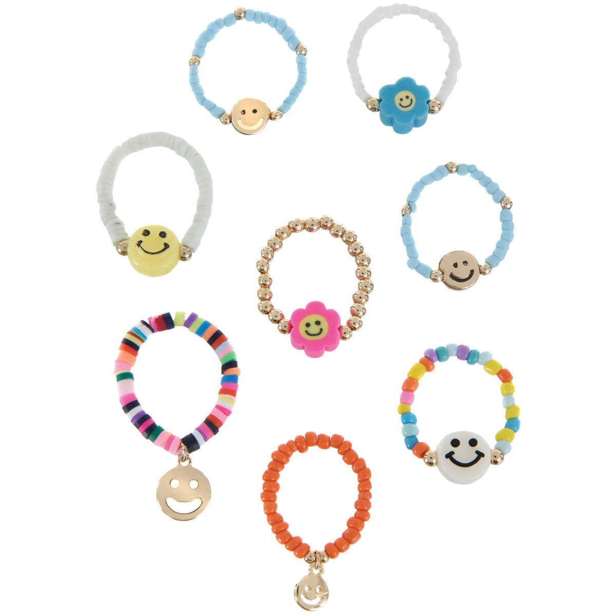Colorful Smiley Face Beaded Stretch Rings for Kids