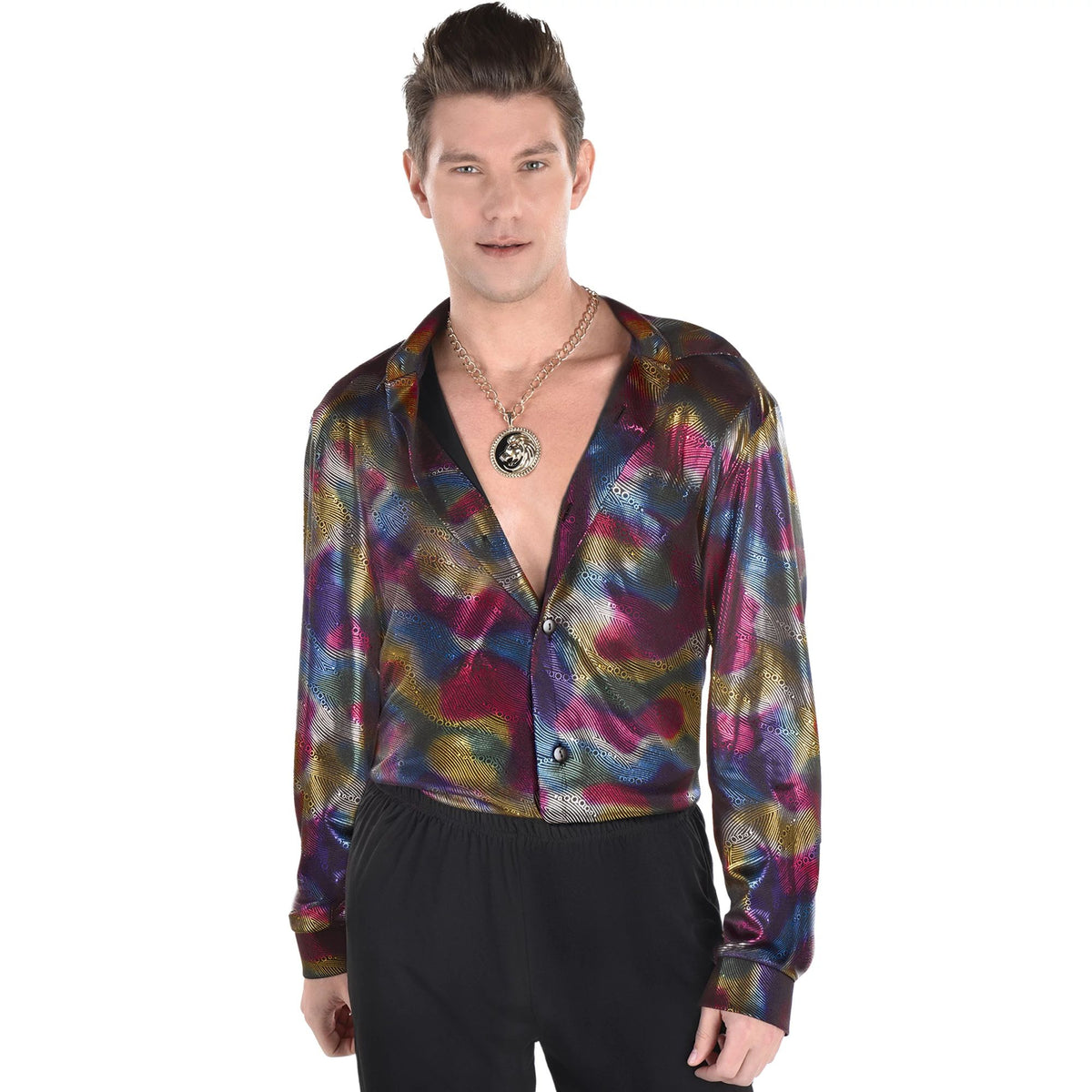 Men's Retro Disco Shirt with Multicolored Swirl Print - Adult L/XL