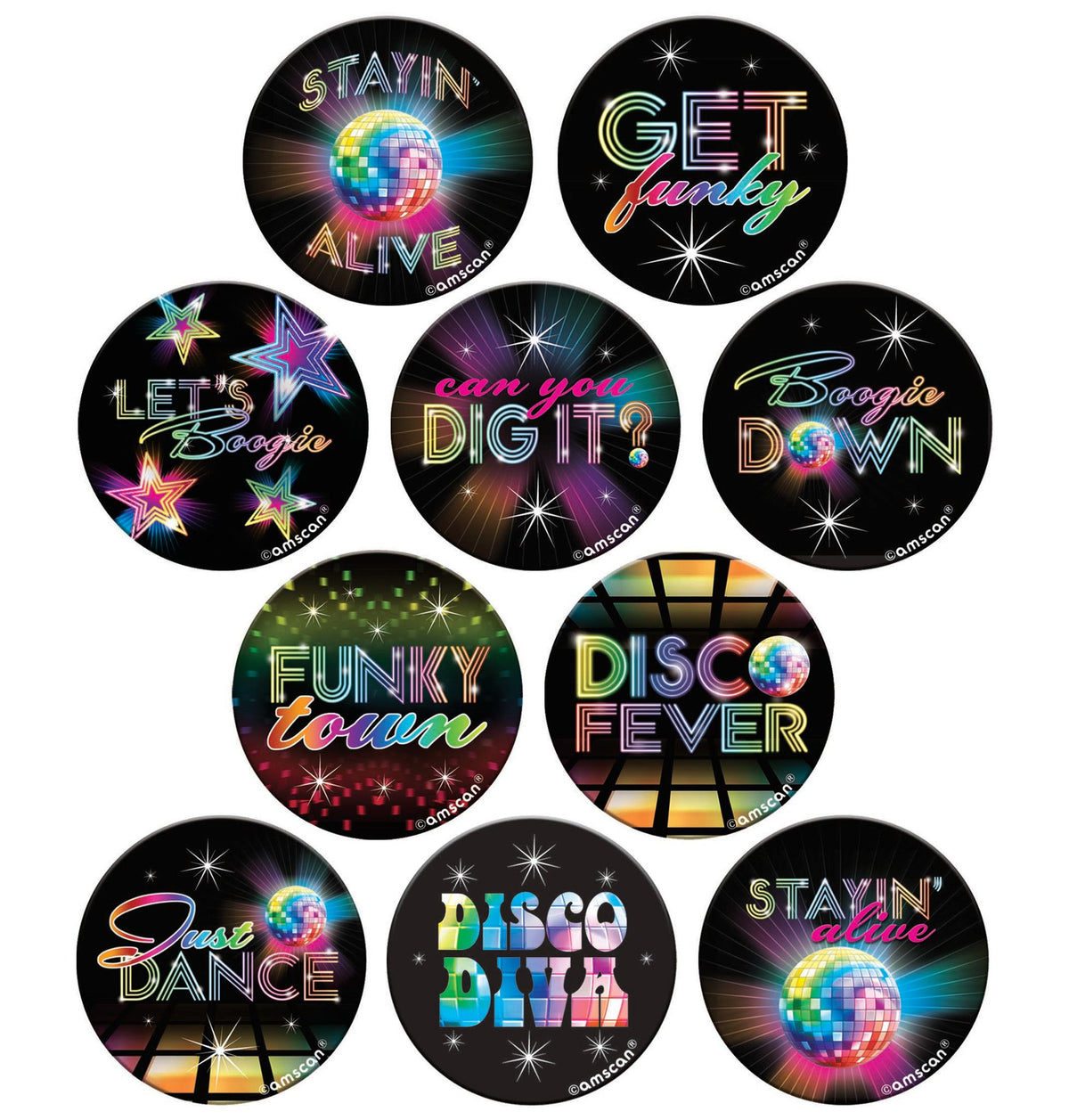 70's Disco Party Buttons - Neon Phrases, 10-Pack