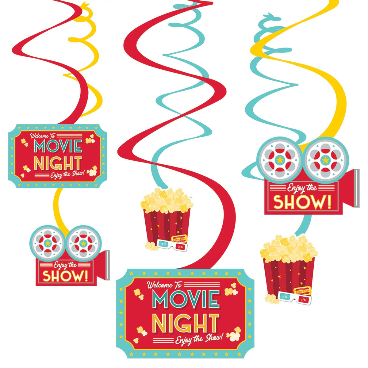 Movie Night Swirl Hanging Decorations - Hollywood Theme, 12-Pack
