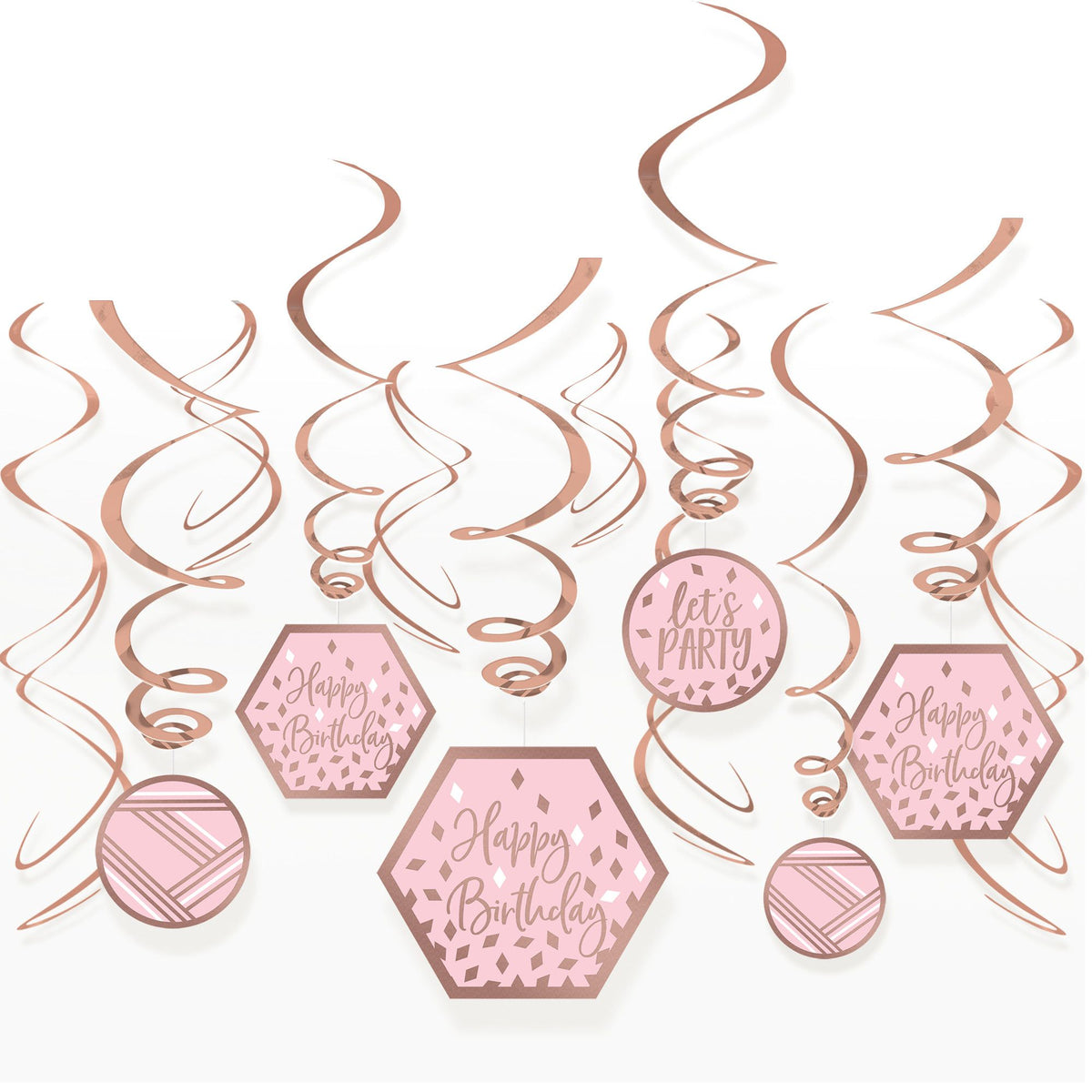 Blush Birthday Swirl Hanging Decorations, Rose Gold, 12-Pack