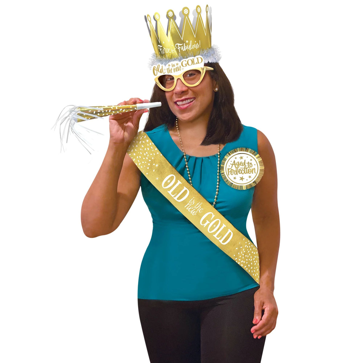 Golden Age Celebration Kit: Crown, Button, and Horn Set for Milestone Birthdays