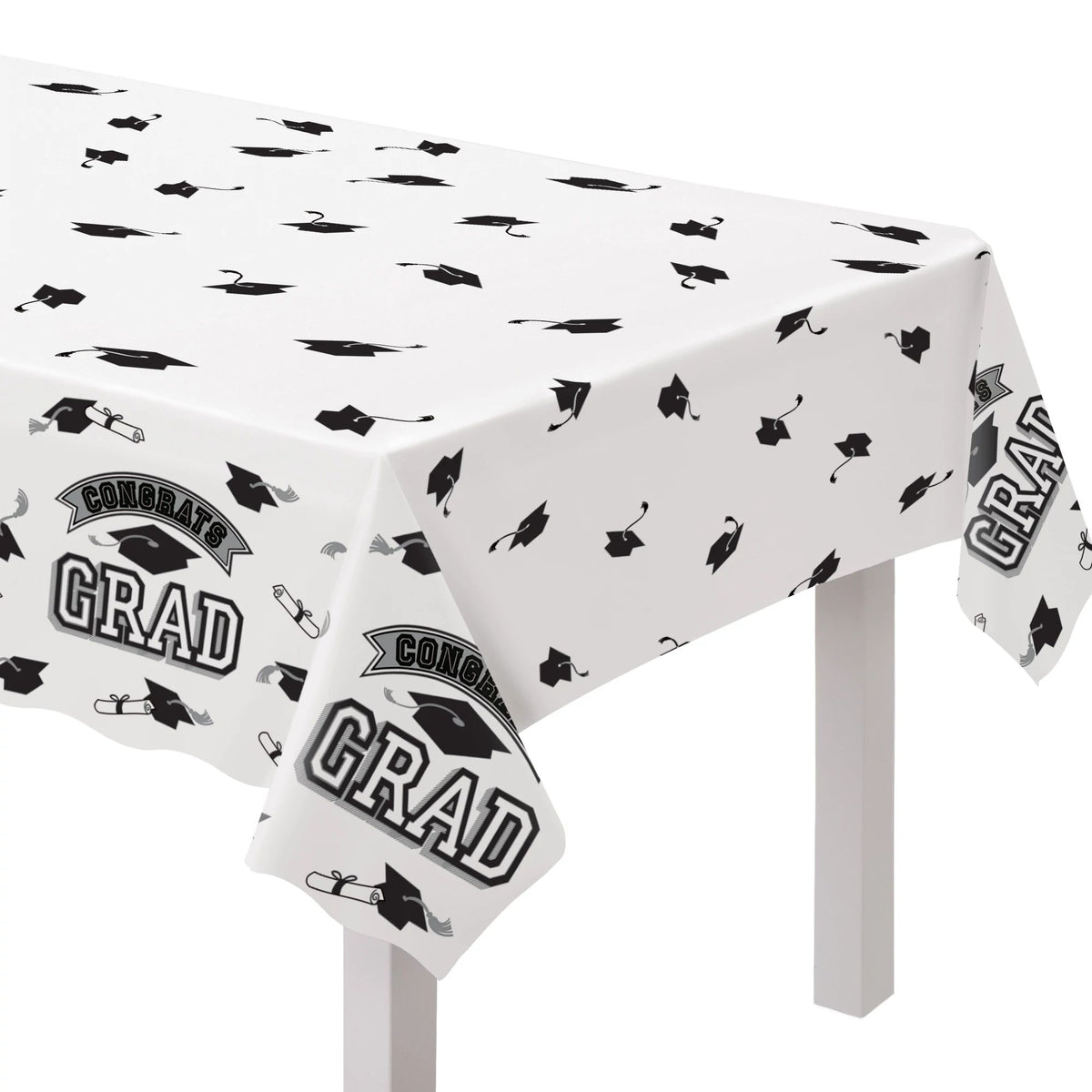 "Congrats Grad" Reusable Plastic Table Cover, Black/White, 54x84-in for Graduation