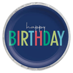 Modern Blue "Happy Birthday" Metallic Lunch Plates - 10.5"