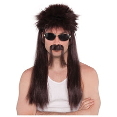 Brown 18 Wheeler Mullet Wig & Mustache Kit