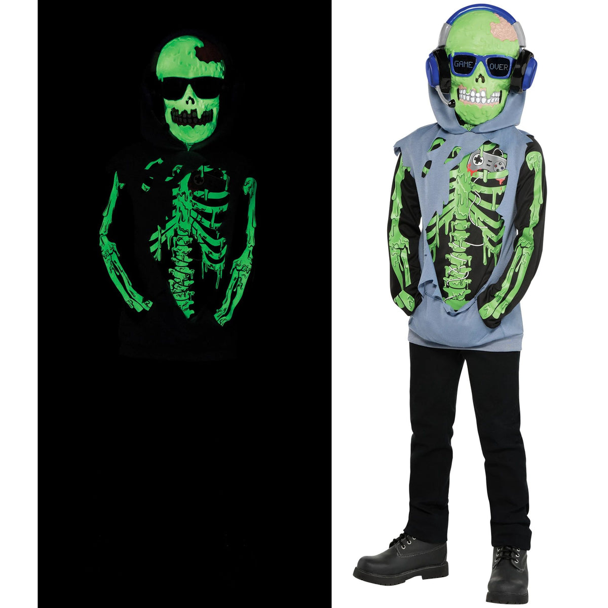 Kids' Glow-in-the-Dark Zombie Gamer Halloween Costume with Mask - Child M (8-10)