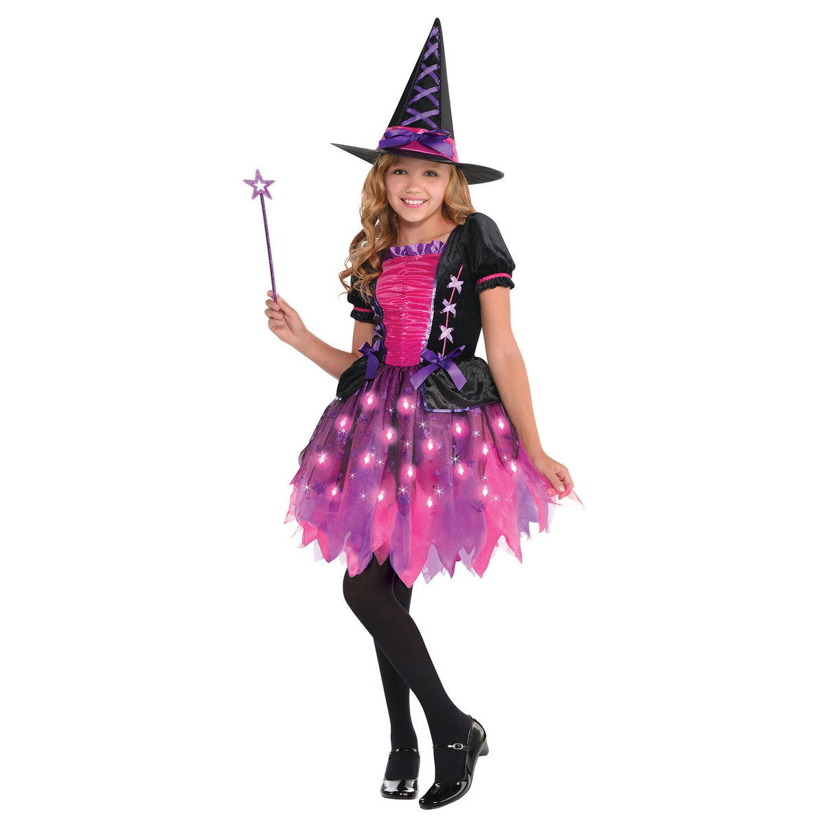 Kids' Light-Up Sparkle Witch Costume with Hat and Wand - Child L (12-14)