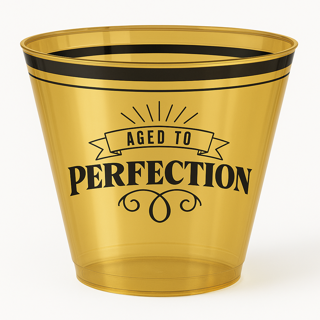 "Aged To Perfection" Gold Birthday Plastic Cups - 9 oz, 30 Pack