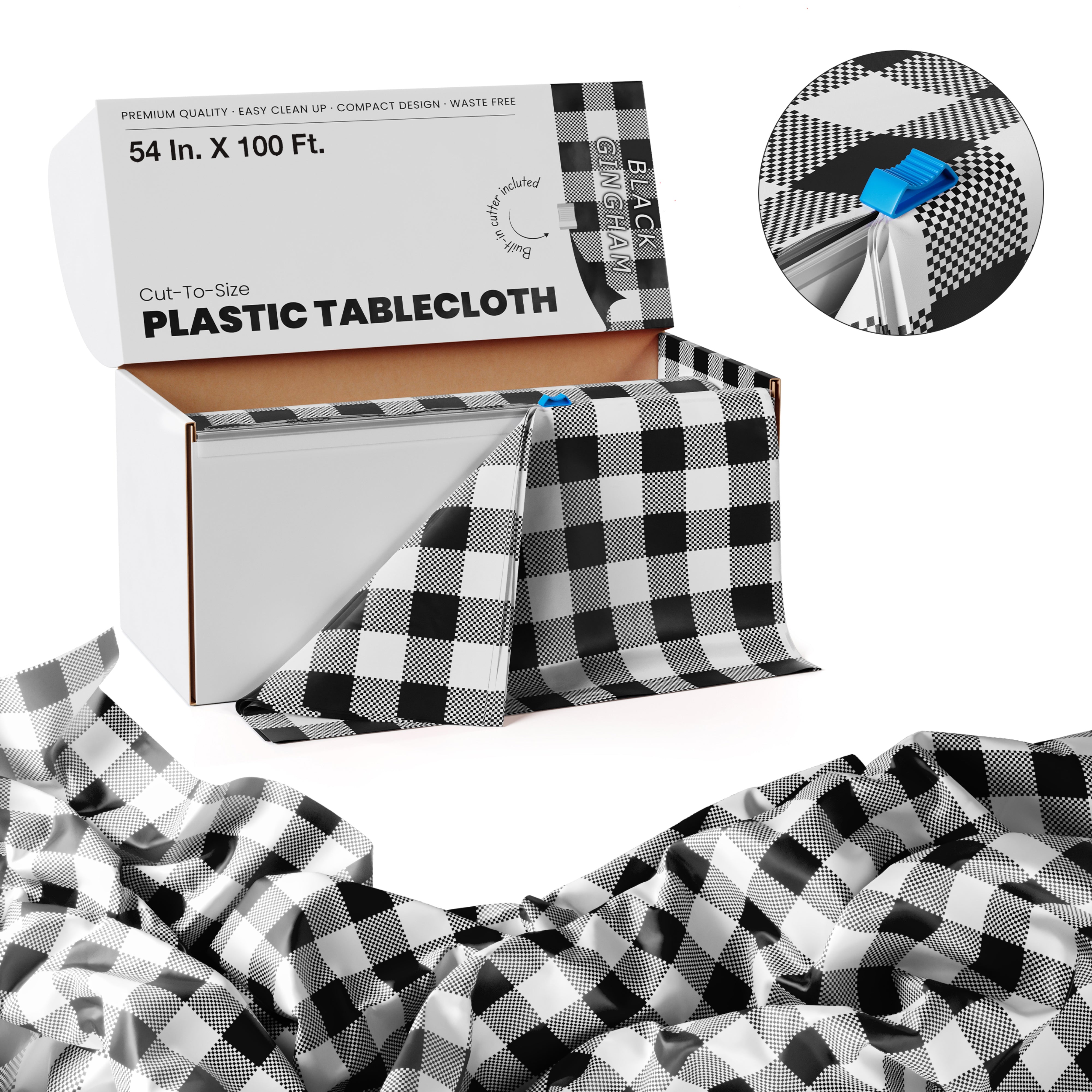 54 In. x 100 Ft. Cut to Size Plastic Table Cover | Black Gingham