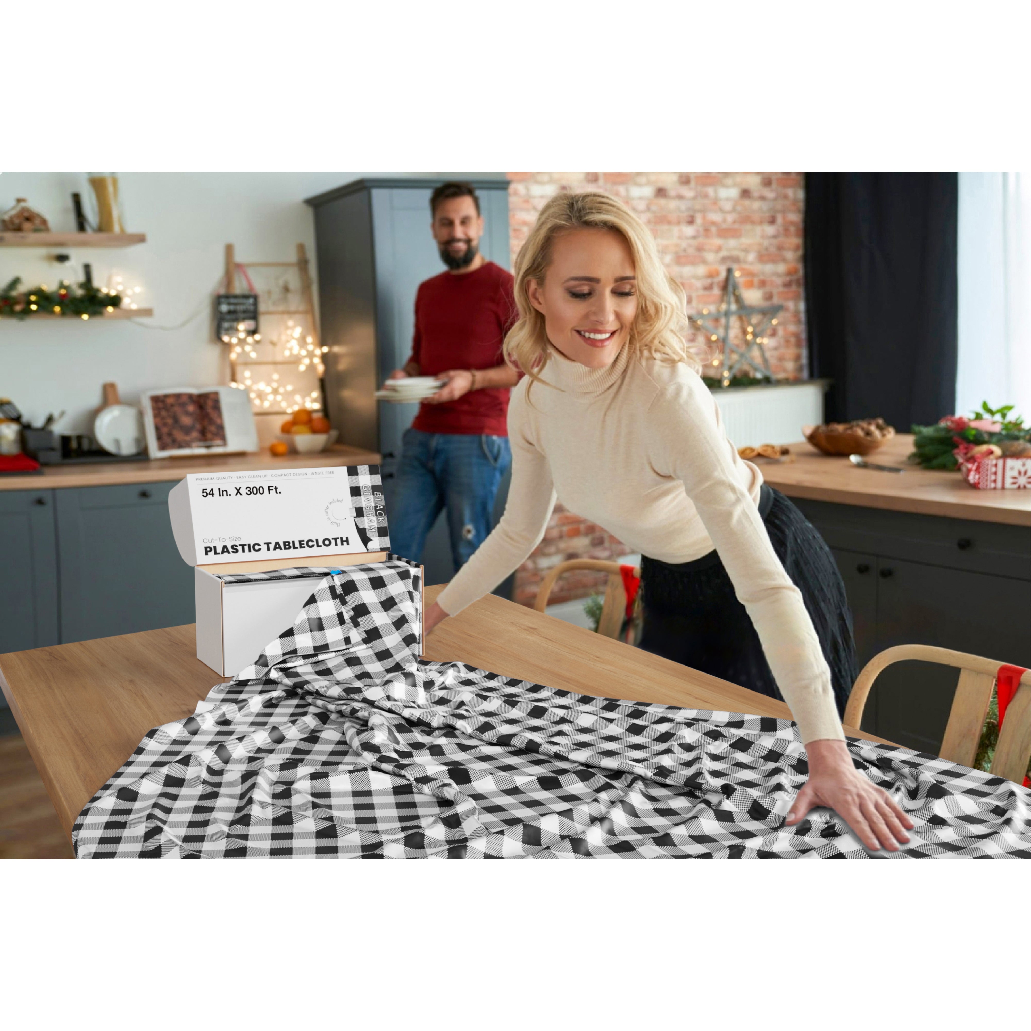 54 In. x 300 Ft. Cut to Size Plastic Table Cover | Black Gingham