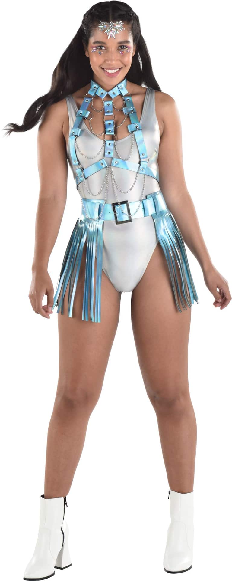 Holographic Fringe Festival Belt Skirt with Silver Buckle