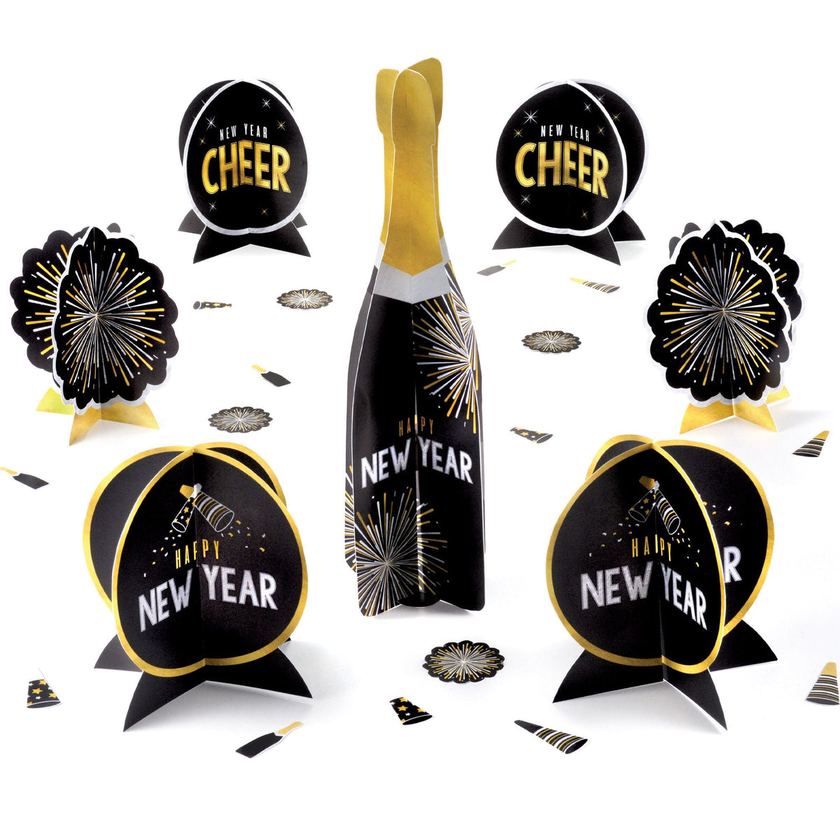 "Happy New Year" Tabletop Decorating Kit, Black/Silver/Gold, 30-Piece Set