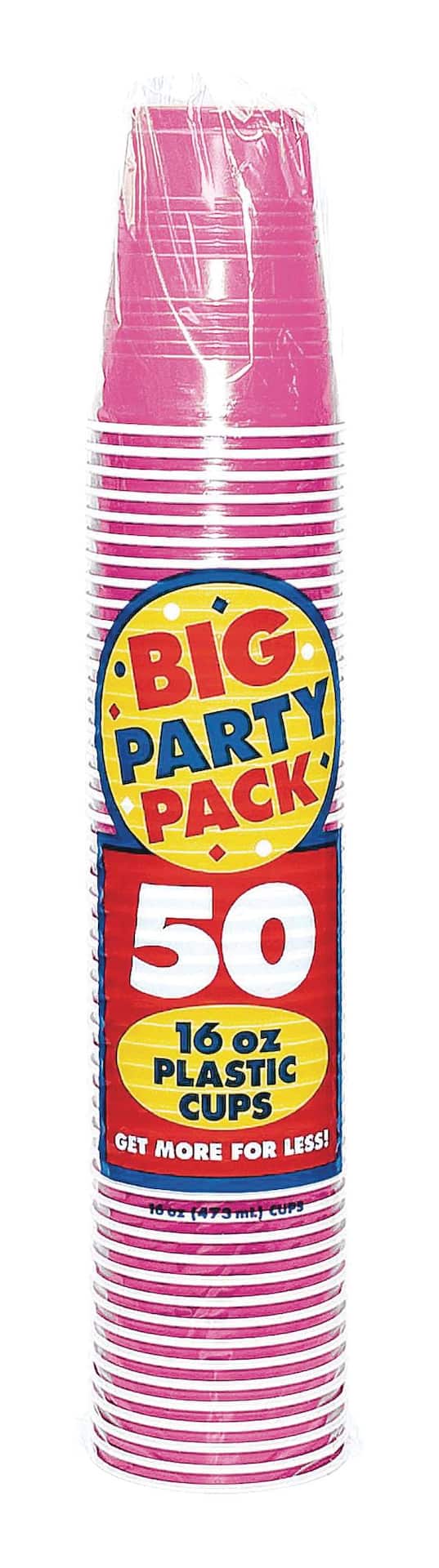 Neon Pink Plastic Party Cups, 16 oz, 50 Pack