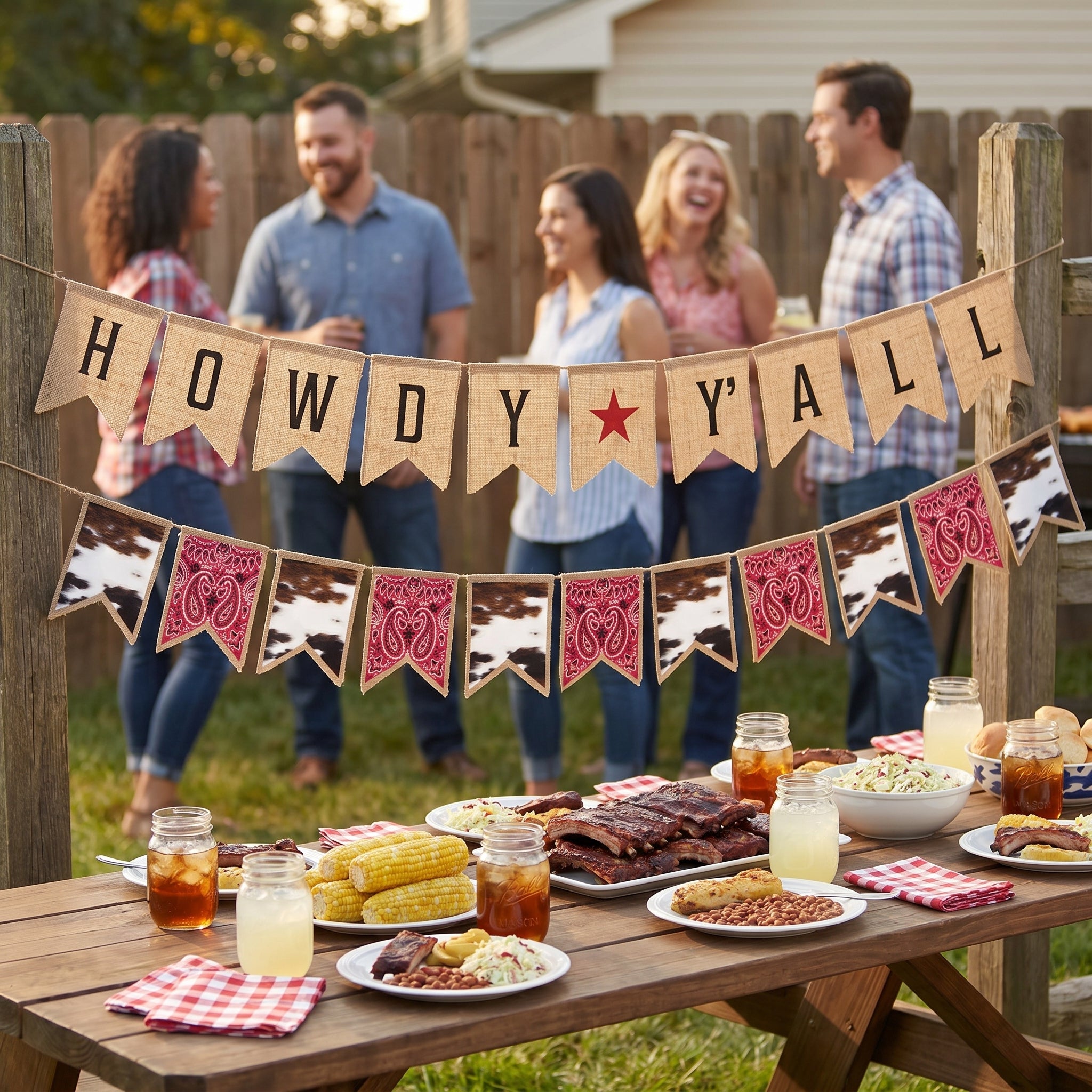 Western Howdy Y'all Banner Set - Reversible Burlap Party Decoration with Cowhide Bandana Garland, Pre-Strung Rustic Cowboy Rodeo Party Decor, 2 Piece, 6 ft
