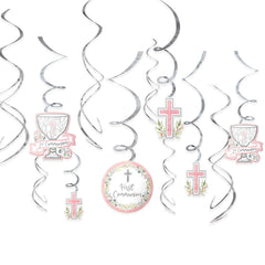 First Communion Spiral Hanging Decorations, Pink & Silver