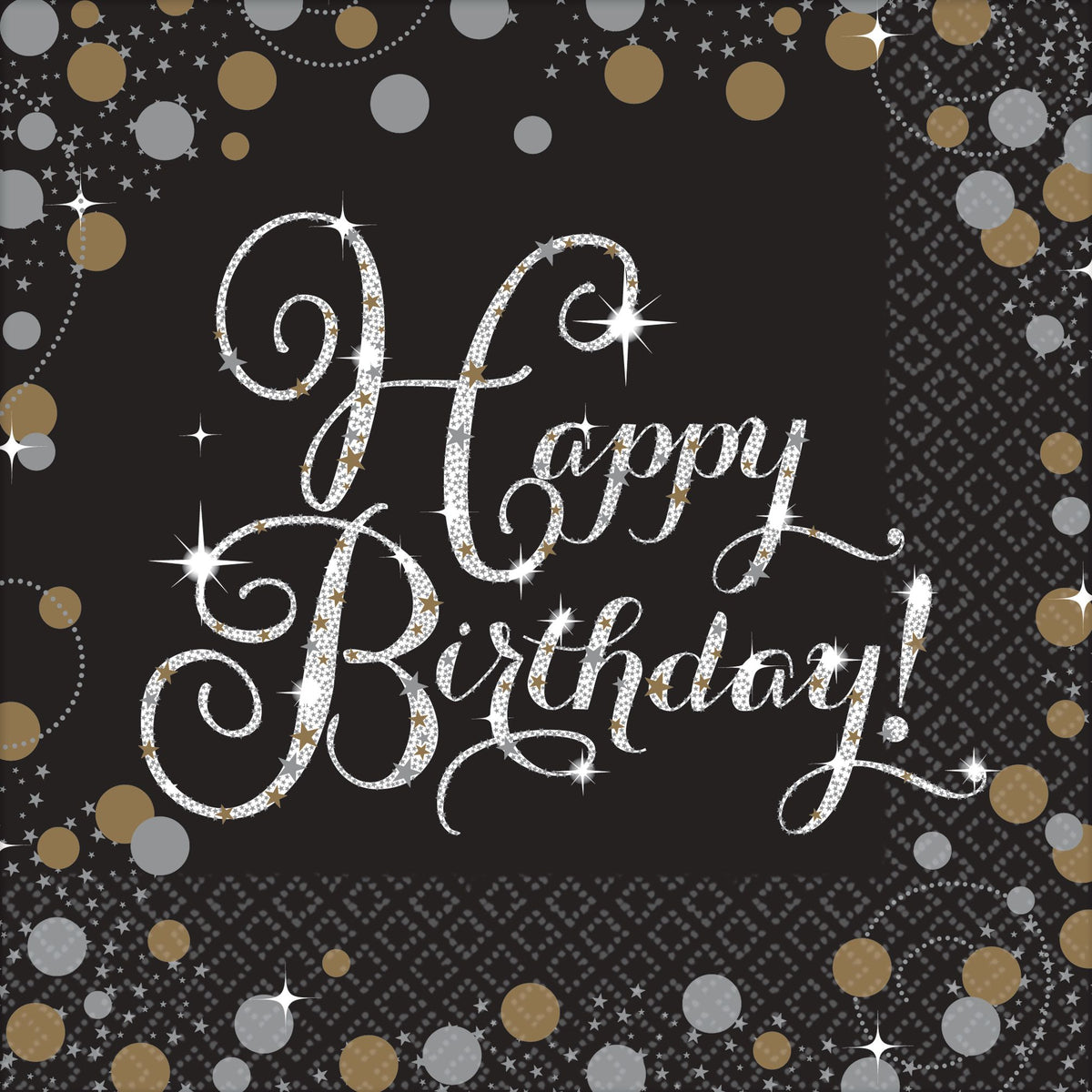 Sparkling Celebration "Happy Birthday" Lunch Napkins - Black, Silver & Gold, 16 Pack