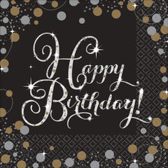 Sparkling Celebration "Happy Birthday" Lunch Napkins - Black, Silver & Gold, 16 Pack
