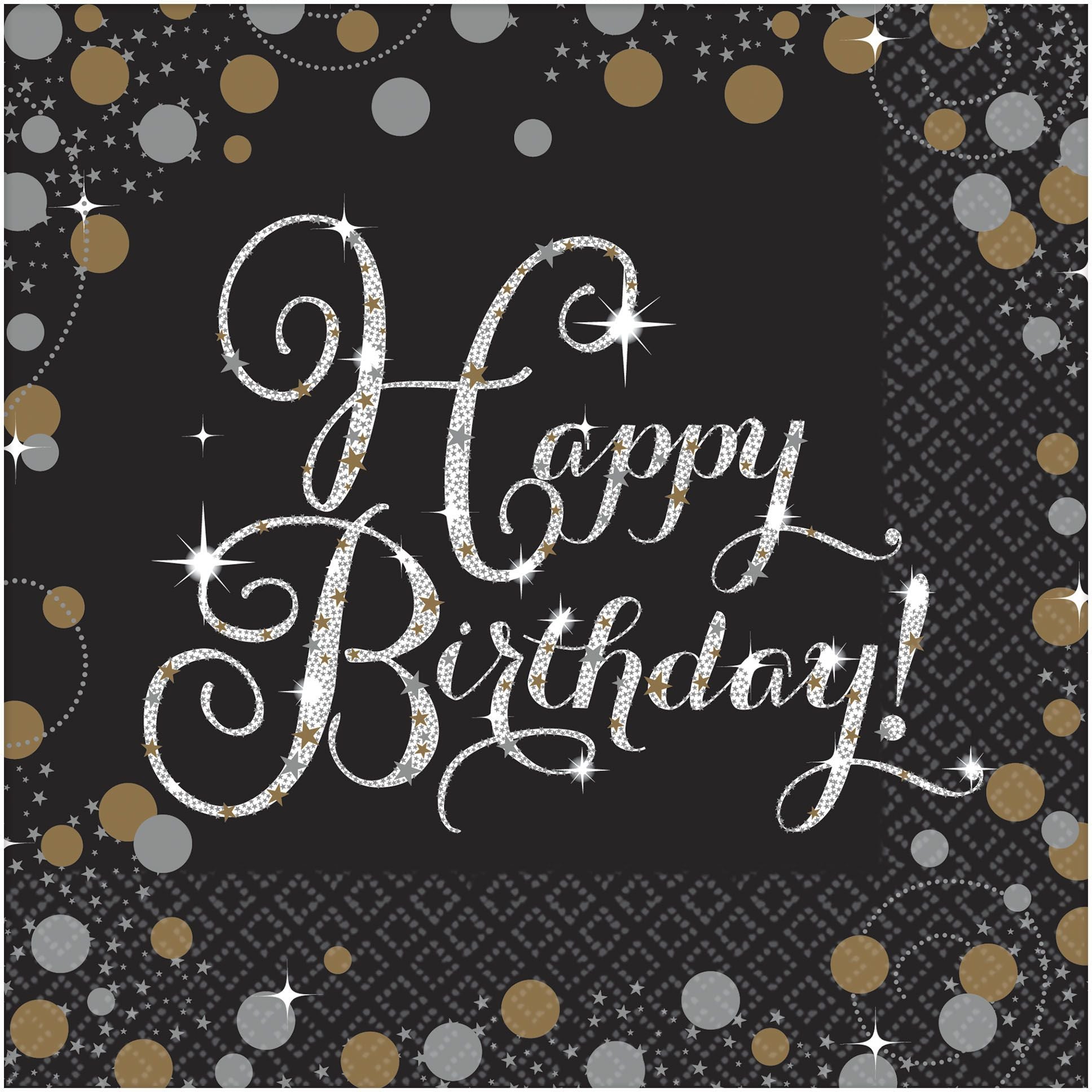 Sparkling Celebration "Happy Birthday" Lunch Napkins - Black, Silver & Gold, 16 Pack