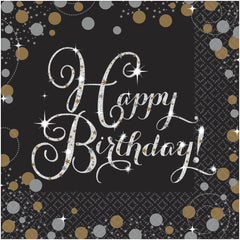 Sparkling Celebration "Happy Birthday" Lunch Napkins - Black, Silver & Gold, 16 Pack