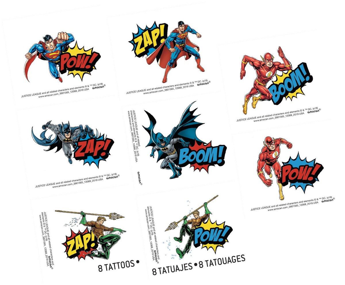 Justice League Heroes Unite Temporary Tattoos - 8 Pack