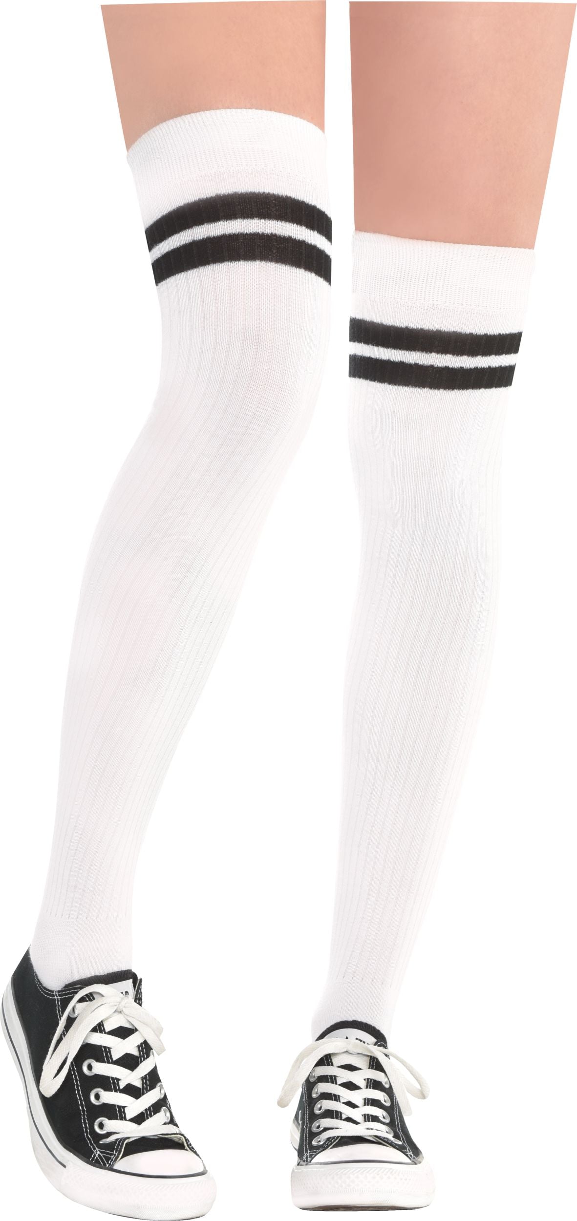 Sporty Thigh High Socks - White with Black Stripes