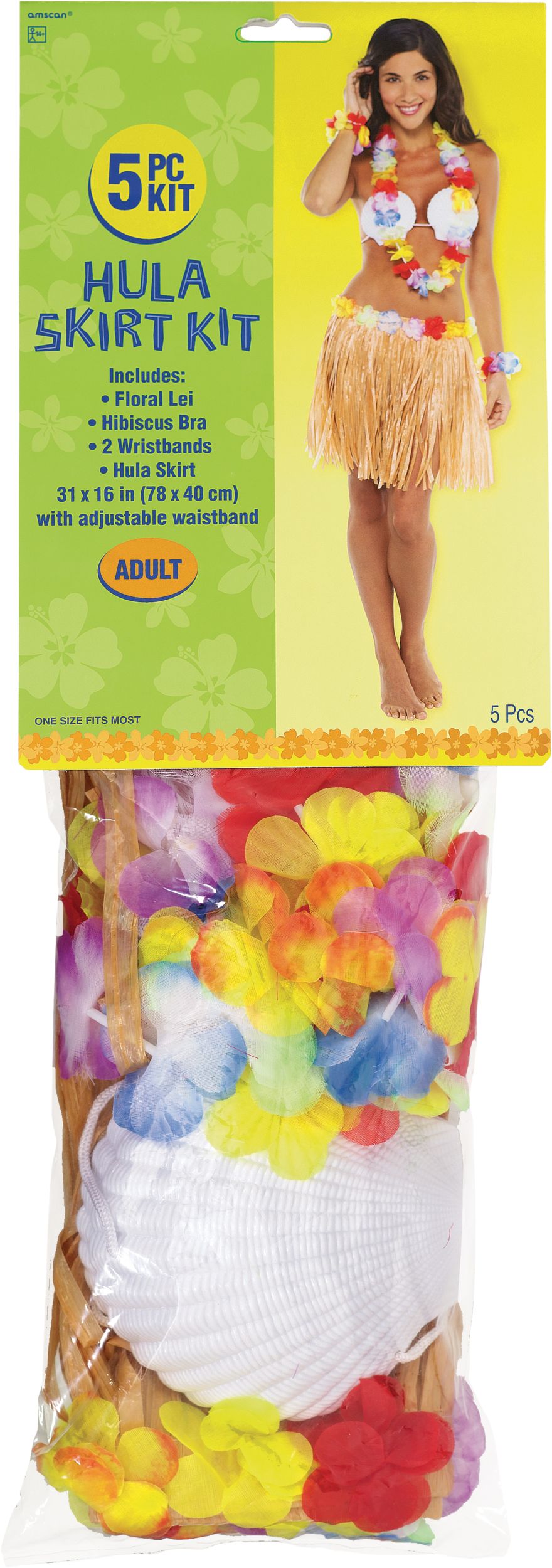 Adult Hula Skirt Kit with Shell Bikini & Floral Accessories