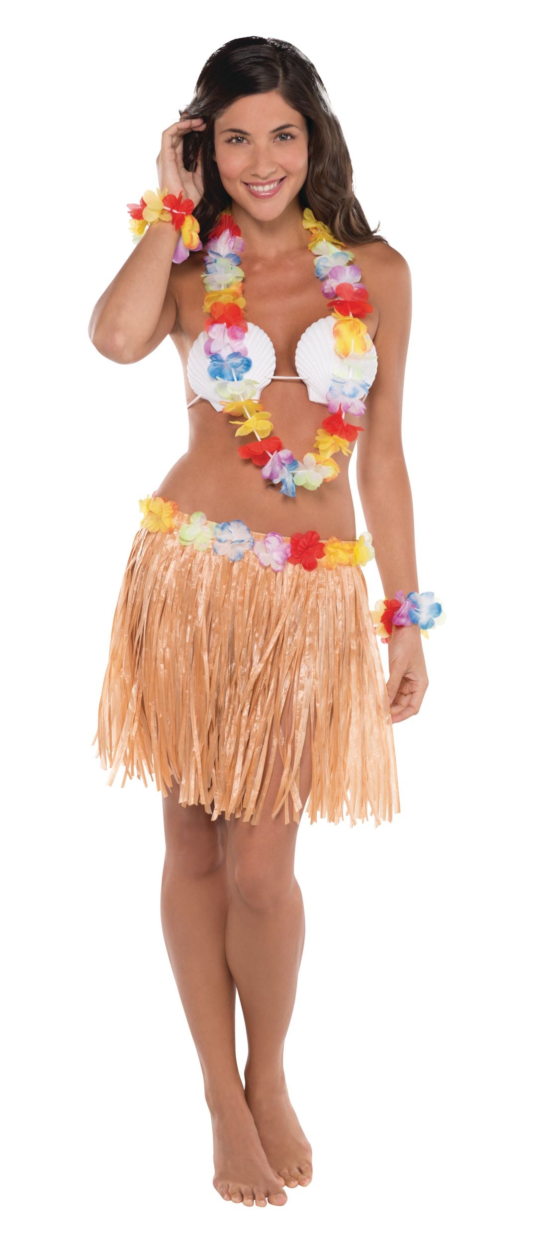 Adult Hula Skirt Kit with Shell Bikini & Floral Accessories
