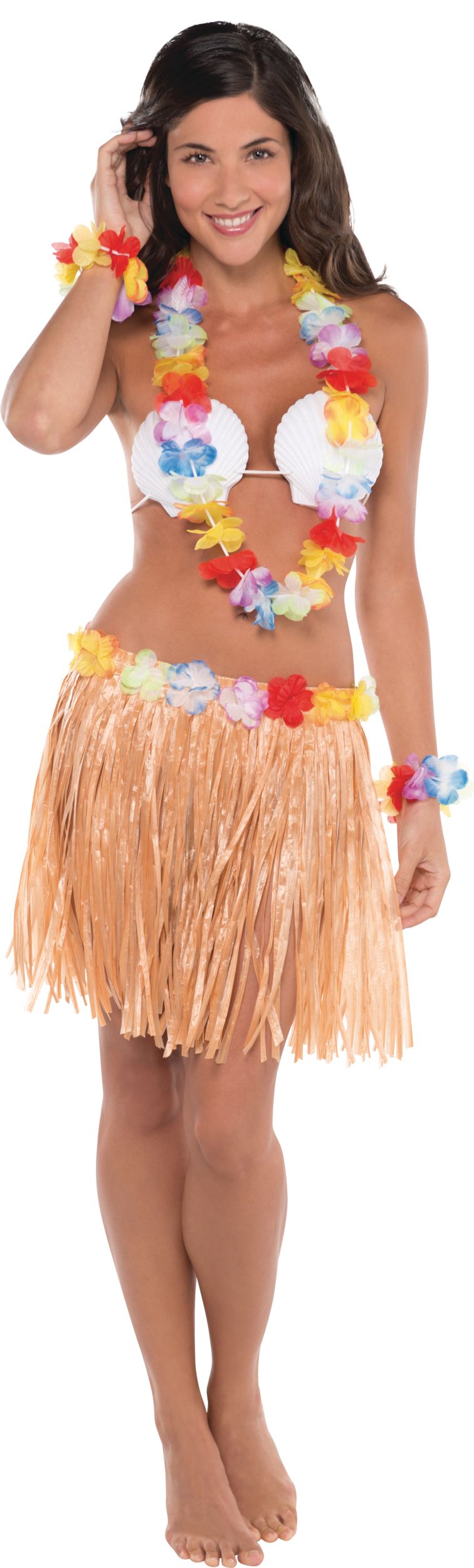 Adult Hula Skirt Kit with Shell Bikini & Floral Accessories