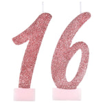Sweet Sixteen Glitter Number Candles, Rose Gold, 4.5-Inch, Set of 2