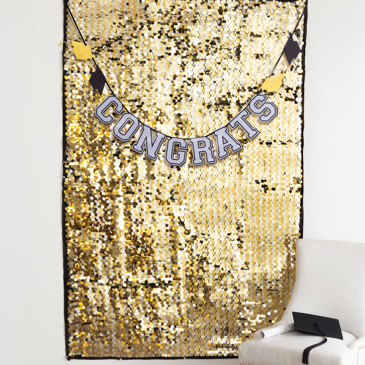 Glitter Graduation Backdrop with Gold "Congrats" Banner