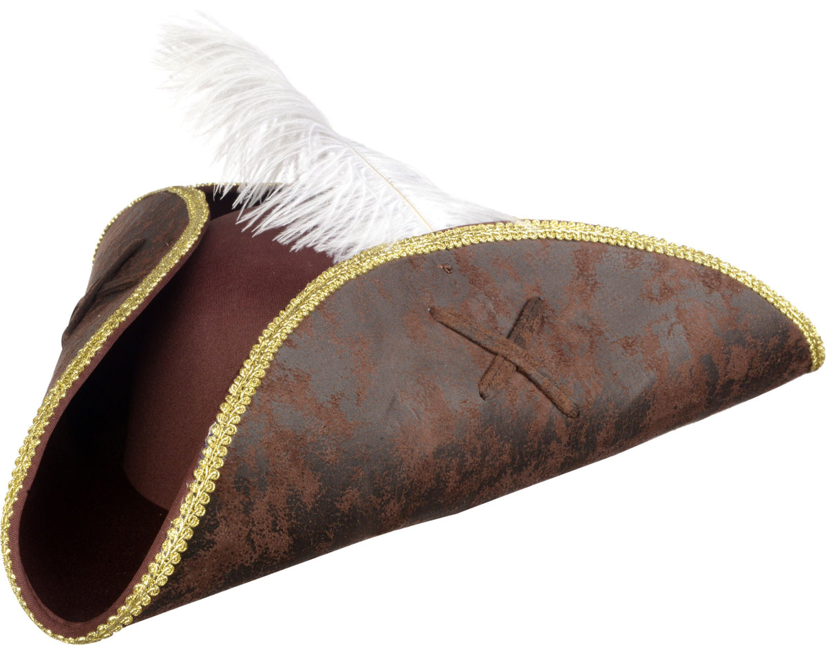 Authentic Brown Tricorn Pirate Hat with Feather - Perfect for Halloween