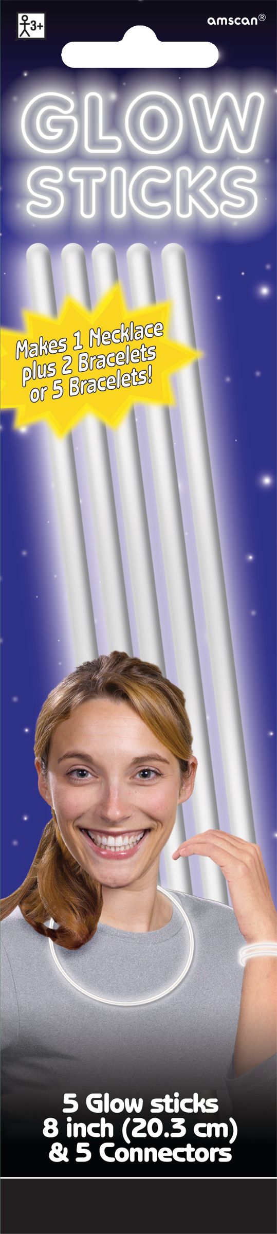 8-Inch White Glow Stick Bracelets - 5 Pack