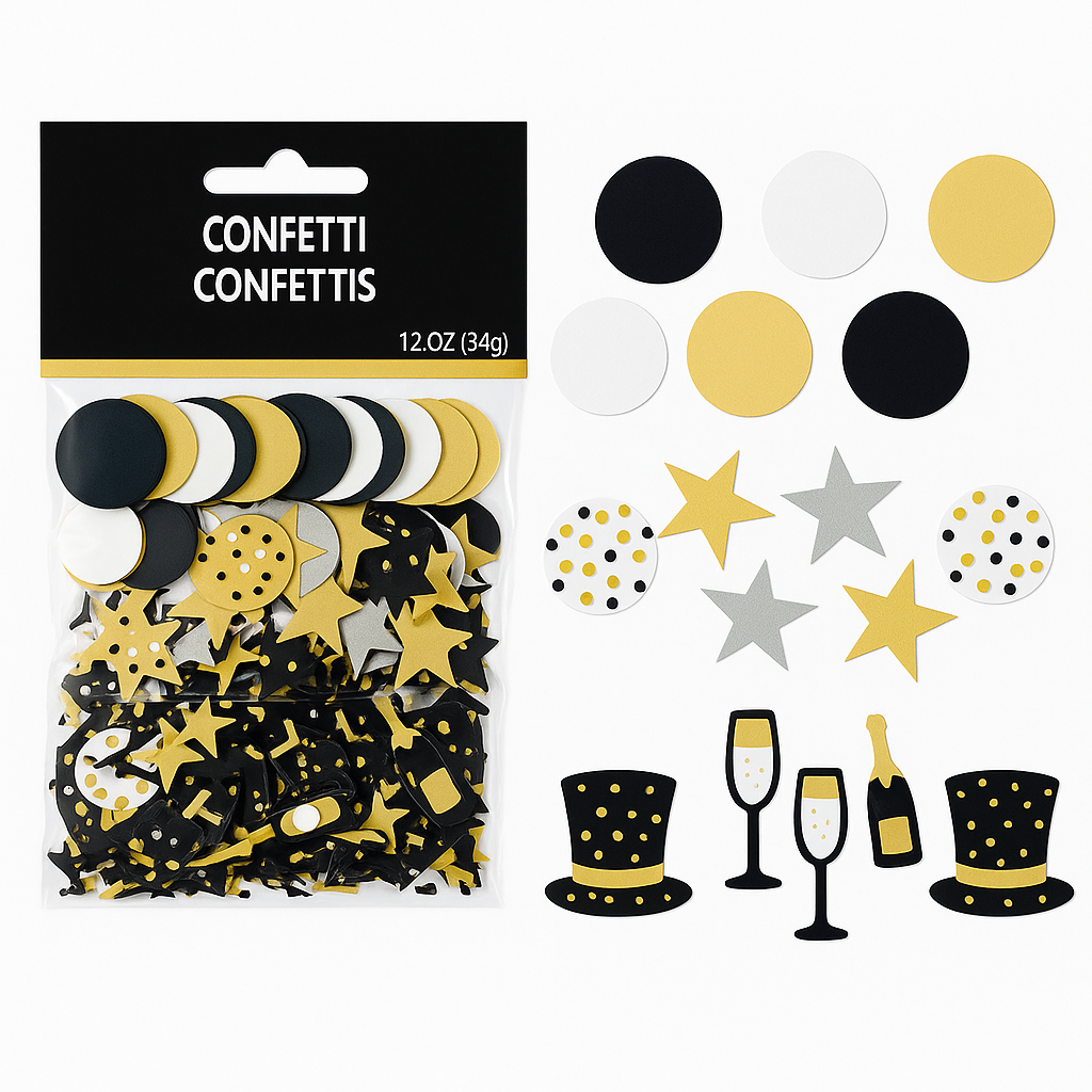 New Year's Eve Confetti Table Scatter Decoration Pack - Black, Gold & Silver