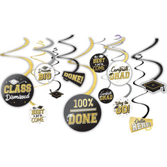 Class 101 - "Congrats Grad" Swirl Hanging Decorations, Black/Gold, 10-in, 12-pk, for Graduation