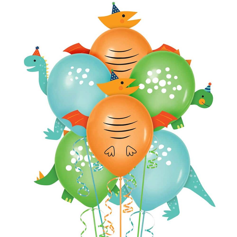 Little Gym - Dino-Mite Round Latex Balloon Decorating Kit, Blue/Orange/Green, 12-in, for Birthday Party - 6 Ct.