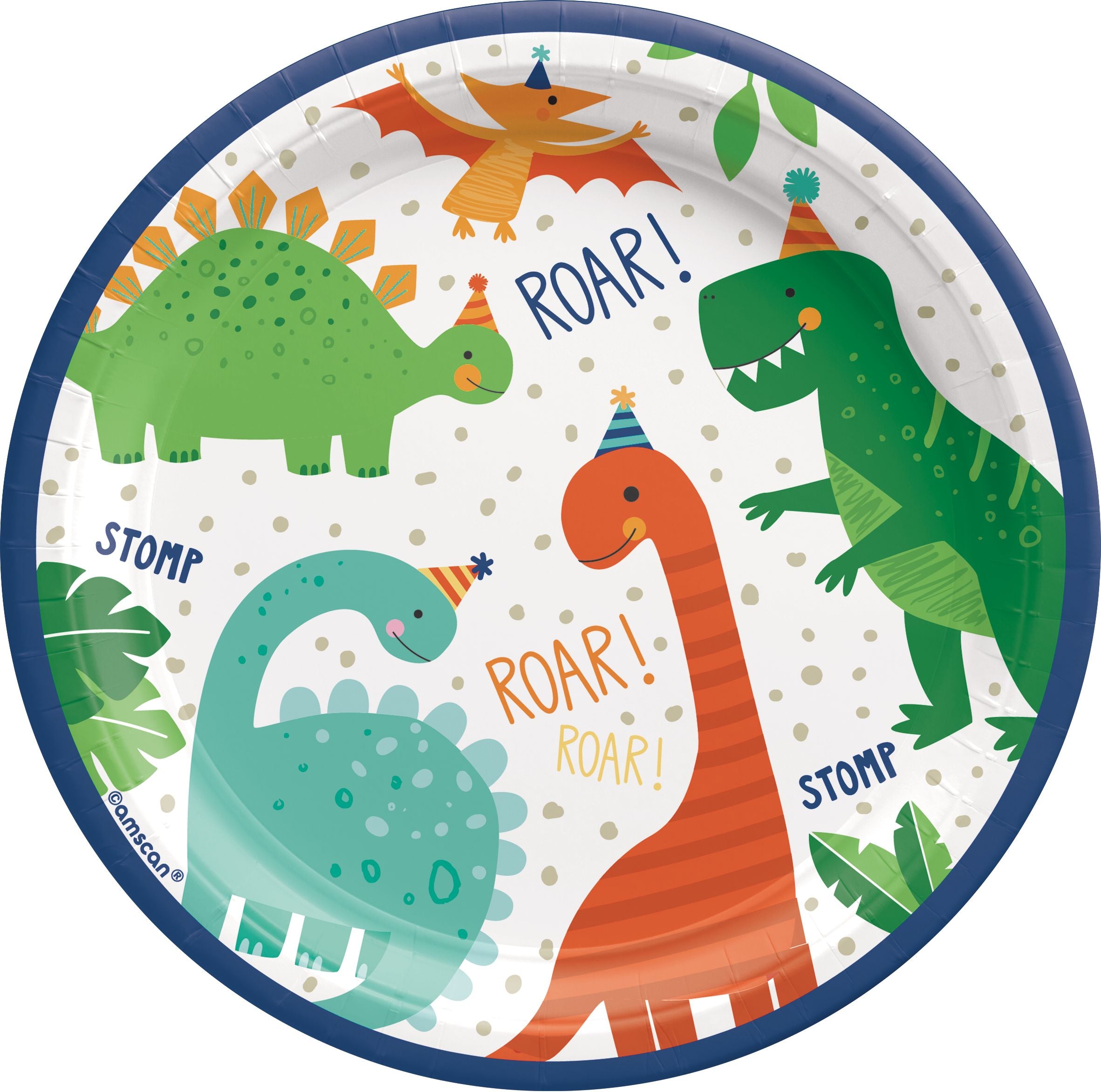 Little Gym - Dino-Mite "Roar" Round Paper Disposable Dessert Plates, Green/White, 7 In. for Birthday Party - 8 Ct.