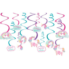 Little Gym - Unicorn "Imagine Dream Believe" Swirl Hanging Decorations, Pink/Blue, 10-in, for Birthday Party - 12 Ct.