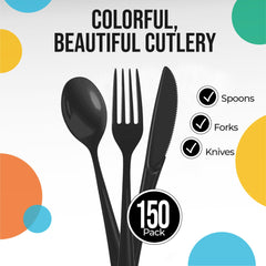 PMA - Black Cutlery Combo Set | 50 Forks, 50 Spoons, and 50 Knives