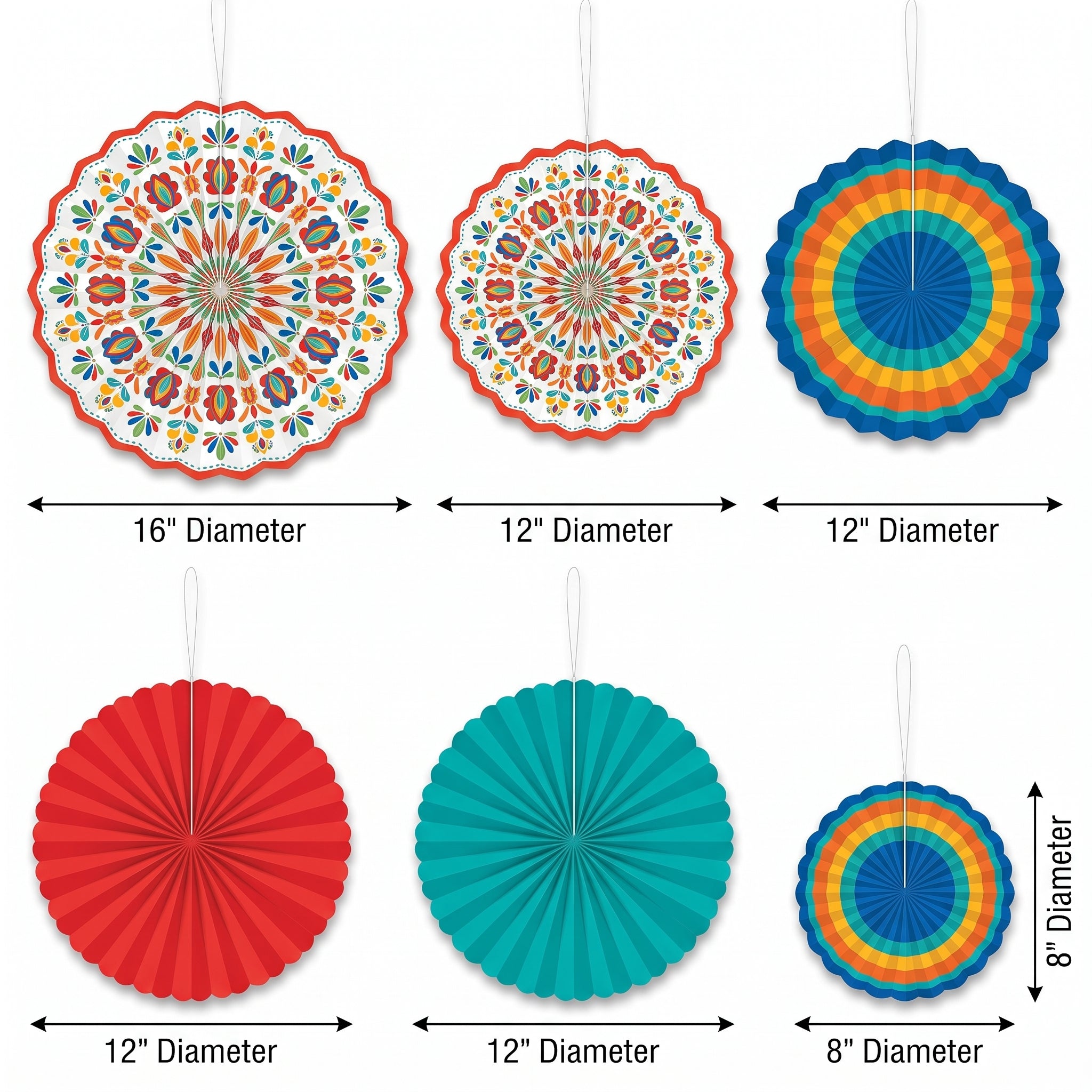 Fiesta Time Multi-Colored Paper Fan Decorations - 6 Pack