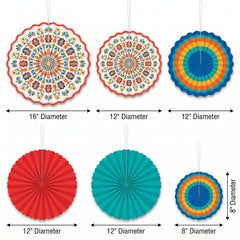 Fiesta Time Multi-Colored Paper Fan Decorations - 6 Pack