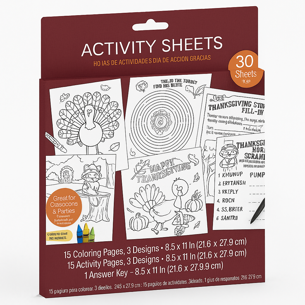 Thanksgiving Activity Sheets - 30-Pack with Coloring and Puzzle Games