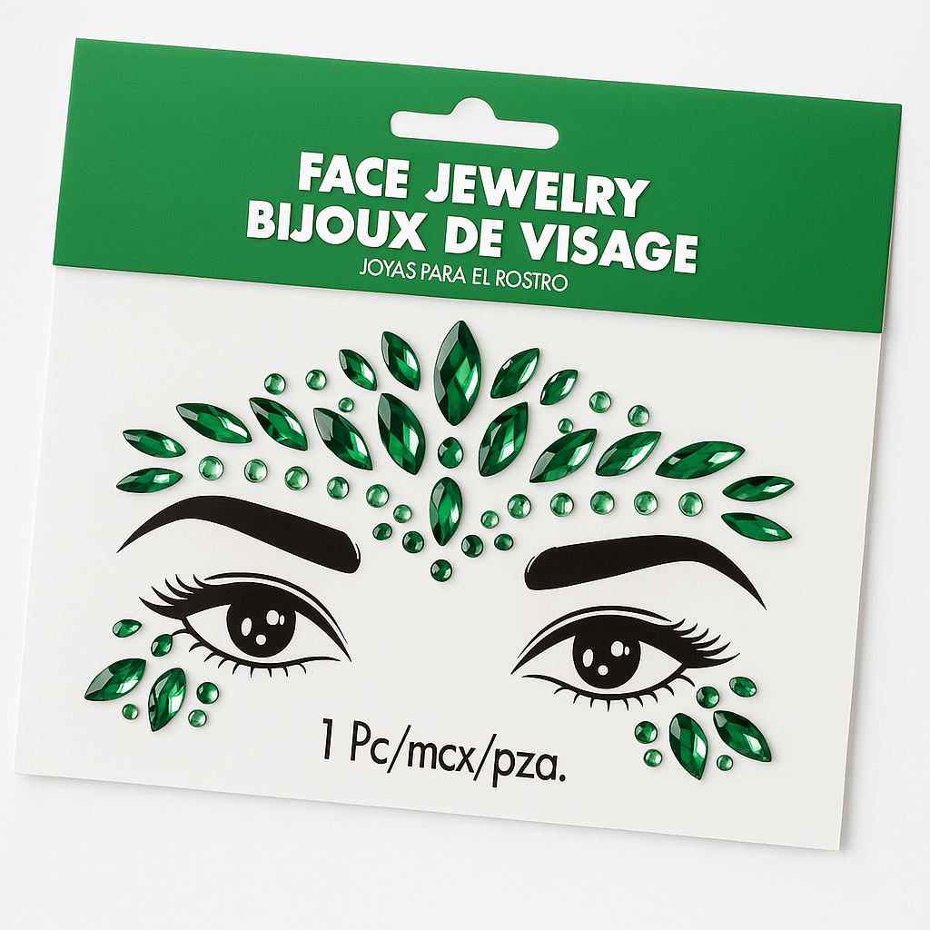 Festive Green Face Jewels - Self-Adhesive Gem Kit