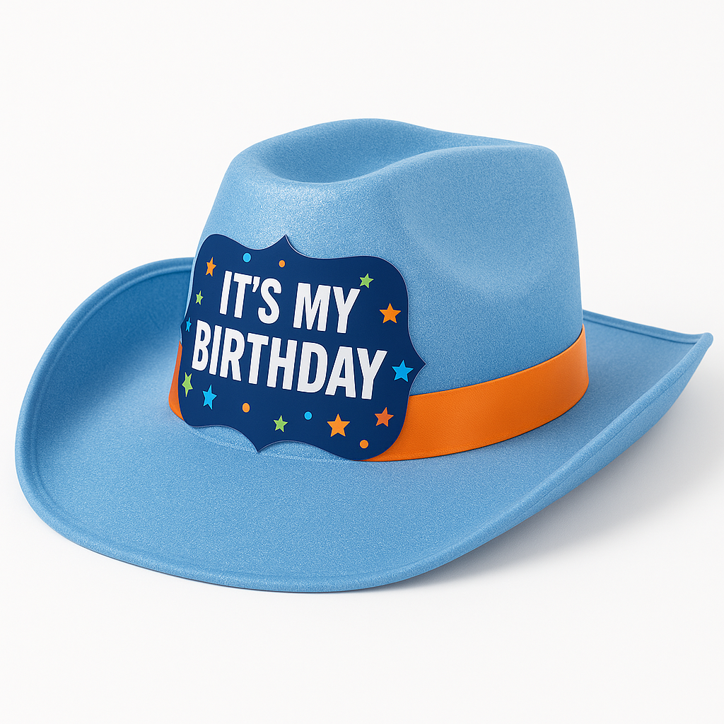 "It's My Birthday" Blue Cowboy Hat with Orange Ribbon