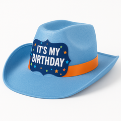 "It's My Birthday" Blue Cowboy Hat with Orange Ribbon
