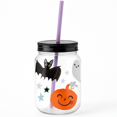 Spooky Halloween Plastic Mason Jar with Straw